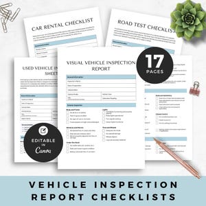 Könnte beinhalten: Eine Sammlung weißer Checklisten für Fahrzeugprüfberichte, darunter eine Checkliste für Mietwagen, eine Straßenprüfungscheckliste und ein Gebrauchtwagen-Inspektionsblatt. Die Berichte sind in Canva bearbeitbar und umfassen 17 Seiten.