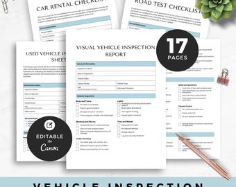 May include: A set of printable vehicle inspection report checklists featuring a visual vehicle inspection report, car rental checklist, and road test checklist. The documents include sections for general information, exterior inspection, and checkboxes.