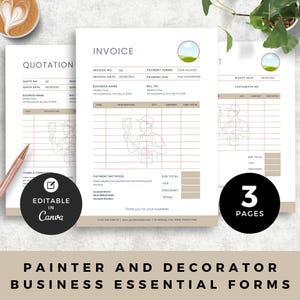 Könnte beinhalten: Grundlegende Formulare für Maler- und Dekorationsbetriebe. Das Bild zeigt eine Vorlage für Angebot, Rechnung und Quittung. Die Rechnung enthält eine Grafik eines Malers. Die Formulare sind in Canva bearbeitbar und umfassen insgesamt 3 Seiten.