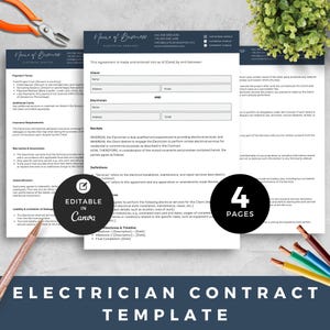 May include: An electrician contract template with a dark blue header and the words "Name of Business" and "Electrical Services." The contract includes sections for client and electrician details, recitals, definitions, and milestones. The words "Editable in Canva" are also visible.