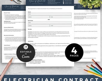 Vorlage für einen Elektrodienstleistungsvertrag, Elektriker-Auftragnehmervertrag, bearbeitbares Auftragsformular, Elektroarbeitsvertrag