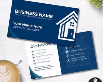 May include: Business card design with a navy blue background and white text. The card features a house icon and the text "BUSINESS NAME" and "Your Name Here". The back of the card lists contact information and services.