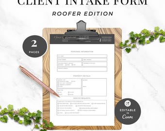 Roofer Client Intake Form, Printable Roofing Job Template, Editable Roofing Services, Business Forms for a Roofer