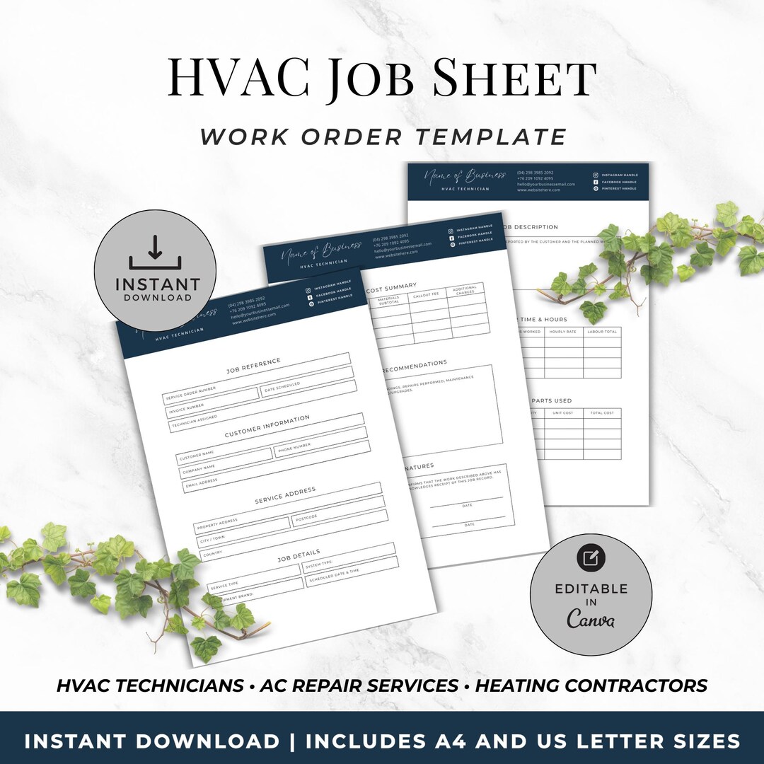 HVAC Job Work Order Template, Printable HVAC Work Order Form for ...