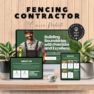 May include: A digital mockup of a fencing contractor's website, displayed on a desktop computer, laptop, and tablet. The website features a smiling man holding a level, with the text "Building Boundaries with Precision and Excellence." The design includes green and white elements.