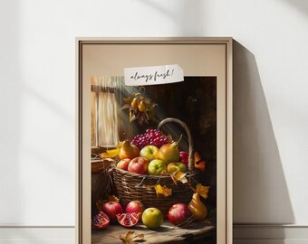 Vintage Fruit Basket - Autumn Harvest Art Print, Farmhouse Style, Digital Download