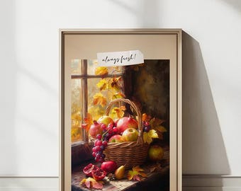 Vintage Fruit Basket 2 - Autumn Harvest Art Print, Farmhouse Style, Digital Download