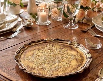 Vintage Florentine Wooden Tray, Mid Century Italian Gilt Gold & Green Serving Tray