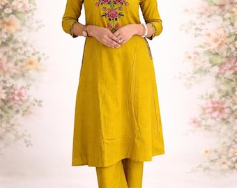 Ensemble Kurta et pantalon en coton - Tenue indienne brodée à la main