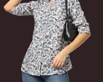 Women's Floral Print Mandarin Collar Top, Cotton Shirt Style Blouse, Button Front Casual Shirt, Boho Summer Wear, Everyday Fashion Top