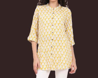 Blusa amarilla de rayón con estampado floral, túnica bohemia de verano, camisa informal ligera.