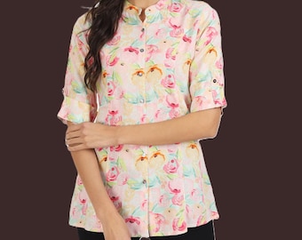 Floral Printed Mandarin Collar Top | Women Button Front Shirt | Cotton Casual Blouse | Botanical Tunic Shirt | Boho Everyday Wear