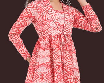 Red Floral Cotton Peplum Top, Lapel Collar Blouse, Boho Summer Shirt