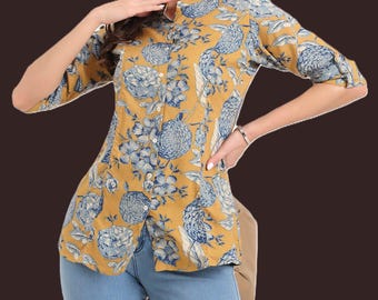 Top de rayón amarillo mostaza / Blusa de mujer de corte A / Túnica con mangas enrollables / Camisa informal fluida / Top bohemio de verano / Ropa de uso diario