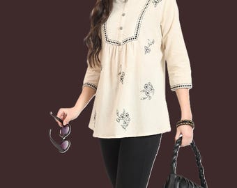 Off White Cotton Embroidery Top | Women's Round Neck Summer Top | Boho Floral Embroidered Shirt | Handmade Casual Cotton Blouse | Minimal