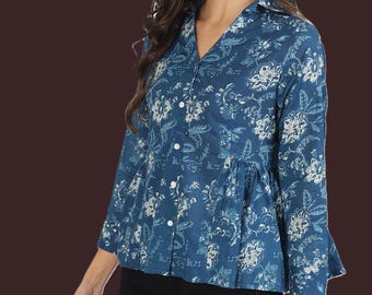 Camisa de algodón azul índigo / Blusa informal de mujer con botones / Túnica con aspecto vaquero / Camisa de corte relajado para el día a día / Moda minimalista bohemia