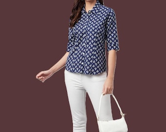 Indigo Block Printed Casual Women's Shirt, Indian Cotton Shirt, Blue Printed Button Down Top, Handmade Boho Blouse, Relaxed Fit Summer Wear