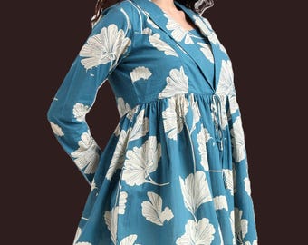Teal Blue Floral Print Cotton Top, Women's Pure Cotton Blouse, Long Sleeve Floral Shirt, Casual Summer Top, Boho Cotton Tunic