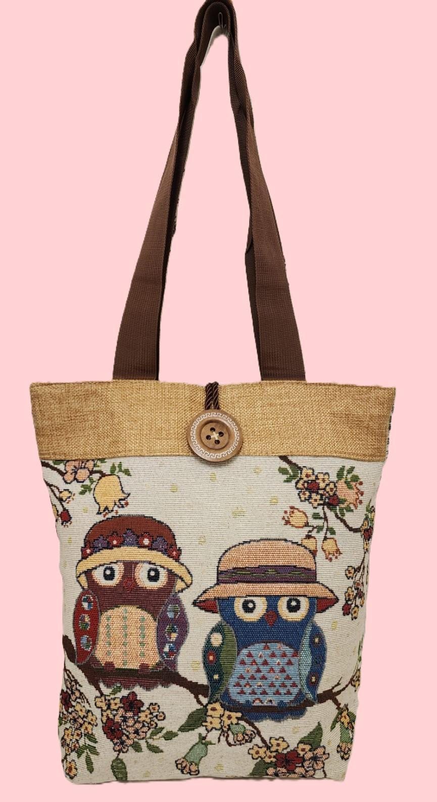 Handmade Jute Tote Bag, Owl Print Shoulder Bag, Eco Friendly Reusable Handbag (13x15 Inch)