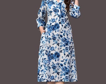 Designer White and Blue Dress for Women | Elegant Printed Summer Dress | Casual Floral Midi Dress | Trendy Vacation Outfit