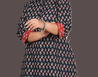 Plus Size Black Butti Short Kurti, Cotton Printed Kurta Top, Traditional Indian Ethnic Wear, Casual Boho Women’s Kurti, Relaxed Fit