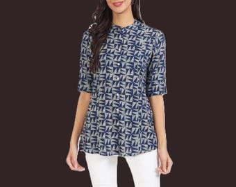 Floral Printed Shirt Style Top | Women Mandarin Collar Blouse | Cotton Casual Tunic | Button Front Floral Shirt | Boho Summer Wear