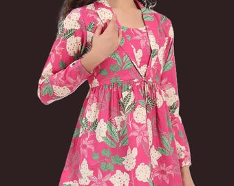 Pink Floral Print Cotton Lapel Collar Peplum Top, Women's Cotton Blouse, Button Front Peplum Shirt, Casual Floral Top, Cottagecore Style
