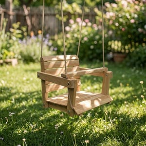 May include: A wooden swing seat featuring a slatted backrest, a flat base, and side armrests, suspended by two thick ropes. The natural light-colored wood construction includes visible metal hardware connecting the frame components together.