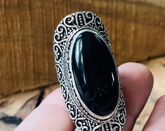 Black Onyx Filigree Ring | Long Statement Ring | 925 Sterling Silver Ring
