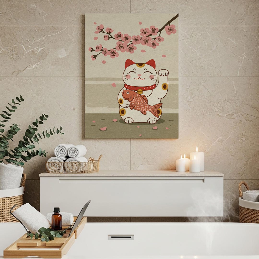 Maneki Neko Wall Art, Lucky Cat With Sakura Cherry Blossoms, Japanese ...