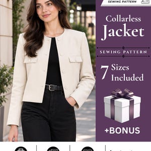 May include: A PDF digital sewing pattern for a collarless jacket. The graphic includes the text Collarless Jacket, 7 Sizes Included, +BONUS, and Instant Download. Icons indicate A4/US Letter printable, print, tape, cut, and step-by-step instructions.