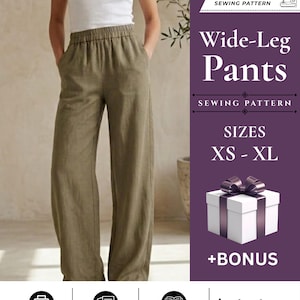 Puede incluir: Un patrón de costura digital para pantalones de pierna ancha en tallas XS-XL. El gráfico incluye el texto PDF DIGITAL SEWING PATTERN, Wide-Leg Pants, SEWING PATTERN, SIZES XS-XL, +BONUS e Instant Download, con iconos de impresión e instrucciones.