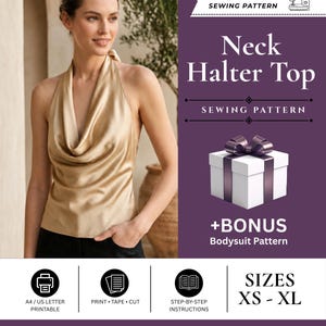 Schnittmuster für ein Neckholder-Top mit Wasserfallausschnitt für Damen | Blusenschnittmuster aus Satinseide (Digitaler Download)