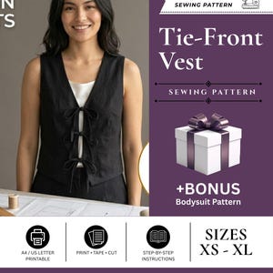 Schnittmuster für eine Weste | Kurzes Westen-Schnittmuster für Damen | Top mit Bindeband vorne (Digitaler Download)
