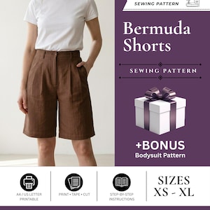 Bermuda Shorts Pattern for Women | High Waisted Pleated Shorts Sewing Pdf (Digital Download)