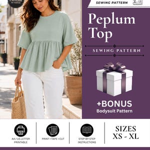 May include: A digital PDF sewing pattern for a sage green peplum top with short sleeves and a round neckline. The graphic includes text reading Peplum Top, Sewing Pattern, and Bonus Bodysuit Pattern, with icons for printing and instructions.