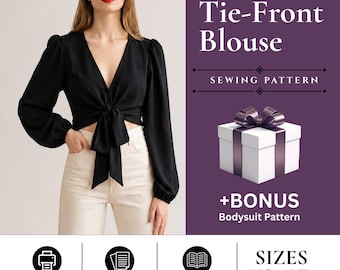 Front Tie Crop Top Sewing Pattern | Long Puff Sleeve Blouse Digital Pattern | Instant Download