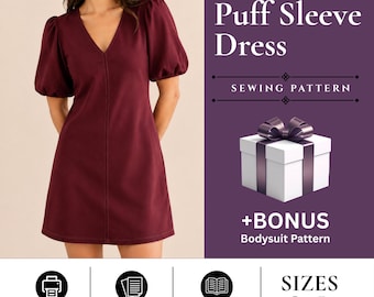 Puff Sleeve Dress Sewing Pattern | V Neck Mini Dress PDF | Beginner Friendly Instant Download