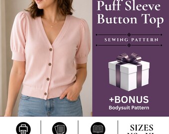 Puff Sleeve Button Top Sewing Pattern for Women, Short Sleeve Cardigan (Digital Download)