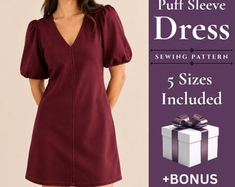 Puff Sleeve Dress Sewing Pattern | Women V Neck A Line Dress Pattern, Cottagecore Mini Dress PDF, Beginner Friendly