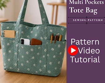 Multi Pocket Tote Bag Sewing Pattern with Video Tutorial | Canvas Utility Bag PDF