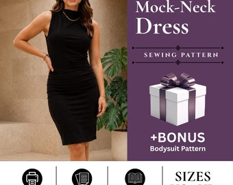 Sleeveless Ruched Bodycon Dress Sewing Pattern | High Neck Fitted Mini Dress PDF | Instant Download