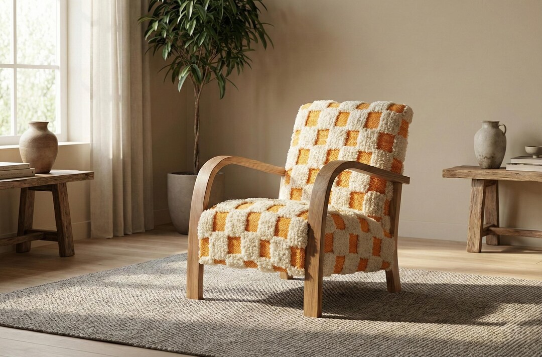 Moroccan Handmade Accent Chair Rug– Bouclé Checkered Upholstery ...