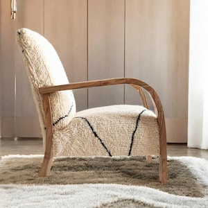 Sillón Beni Ourain, sillón bereber marroquí, sillón de nogal hecho a mano, sillón de lectura bouclé, muebles de salón escandinavos imagen 9