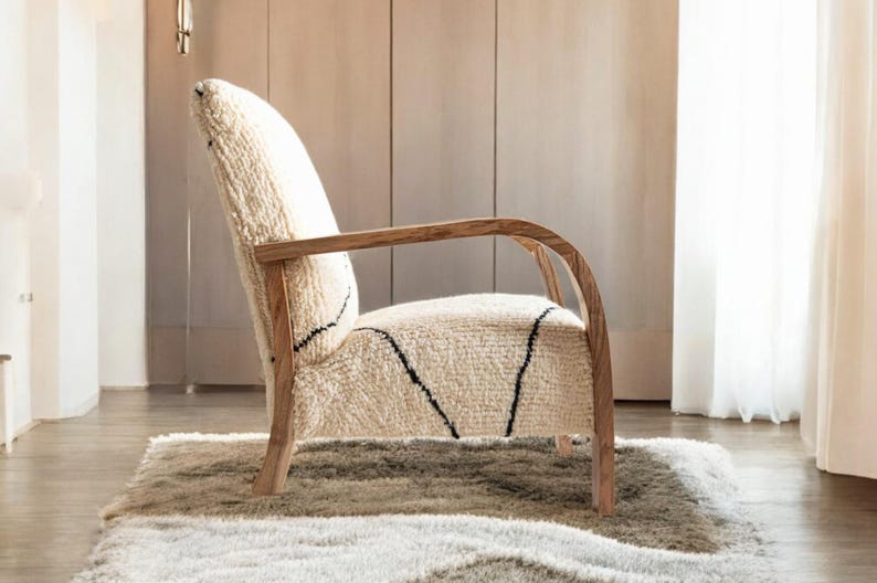 Sillón Beni Ourain, sillón bereber marroquí, sillón de nogal hecho a mano, sillón de lectura bouclé, muebles de salón escandinavos imagen 9