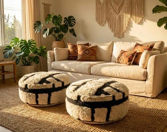Set van 2 handgemaakte Beni Ourain-wollen poefs – Marokkaanse berberpoef, decor boho