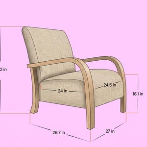 Puede incluir: Un sill&oacute;n tapizado beige con reposabrazos y patas de madera. La silla mide 81.8 cm de alto, 61 cm de ancho y 62.2 cm de profundidad. La base de la silla mide 67.8 cm por 68.6 cm, y la altura del asiento es de 40.9 cm.