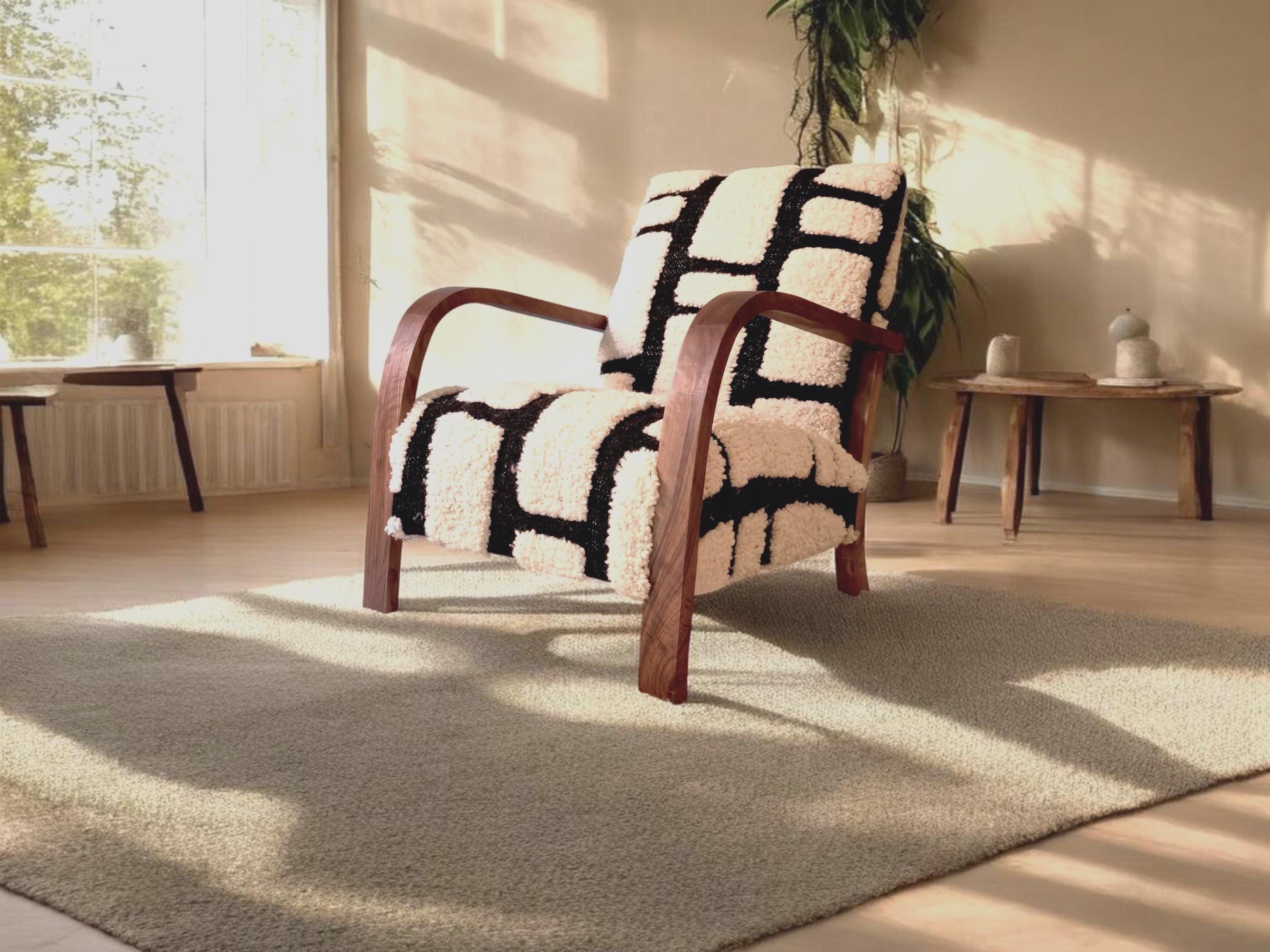 Nw Rug Chairs Moroccan Wool Rug Chair – Walnut Wood Armchair – Handmade Accent Chair ...