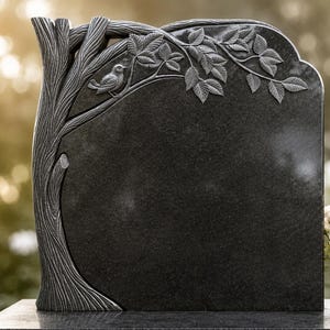 May include: A dark grey granite headstone featuring a carved tree design and a bird perched on a branch with leaves. The headstone has a blank space for engraving. A vase of white roses is in the background.