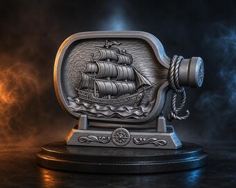 Ship in Bottle STL File CNC Relief | Nautical Wood Carving 3D Model